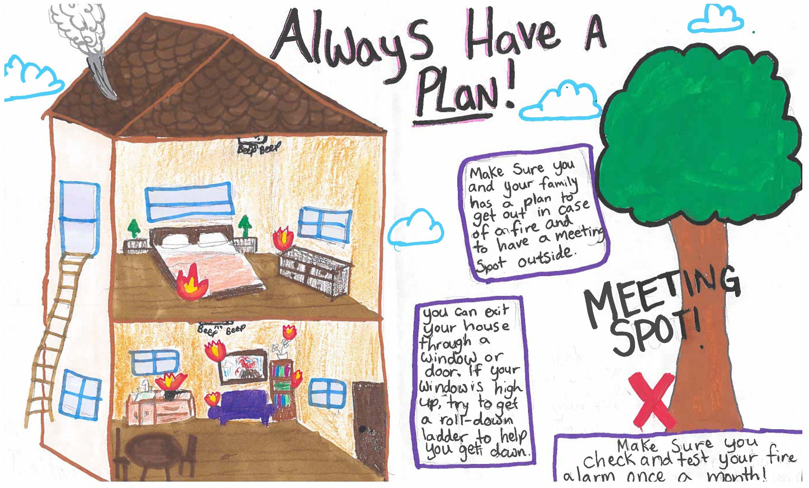 2022 Fire Prevention Week poster contest winning entry - "Always have a plan!" along the top with the image of a home on fire, escape ladder from 2nd storey, large deciduous tree beside the house with a red x to mark the meeting spot. Directions for safe escape appear in box on the poster: "Make sure you and your family has a plan to get out in case of a fire and to have a meeting spot outside", "You can exit your house through a window or door. If your window is high up try to get a roll-down ladder to help get you down" and "Make sure you check and test your fire alarm once a month."